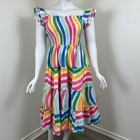 Crown & Ivy Womens Size L Cotton Striped Ruffle Pullover Midi Teired Dress Party - Picture 12 of 14